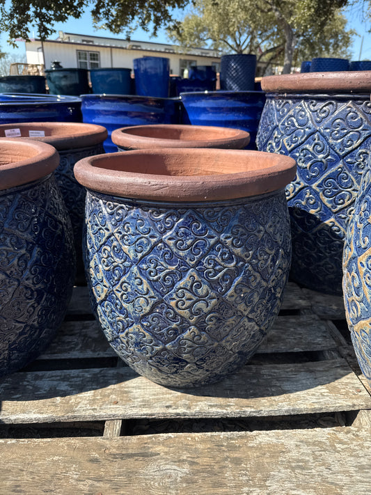 Rustic Dark Blue Round Lipped Planter 18"