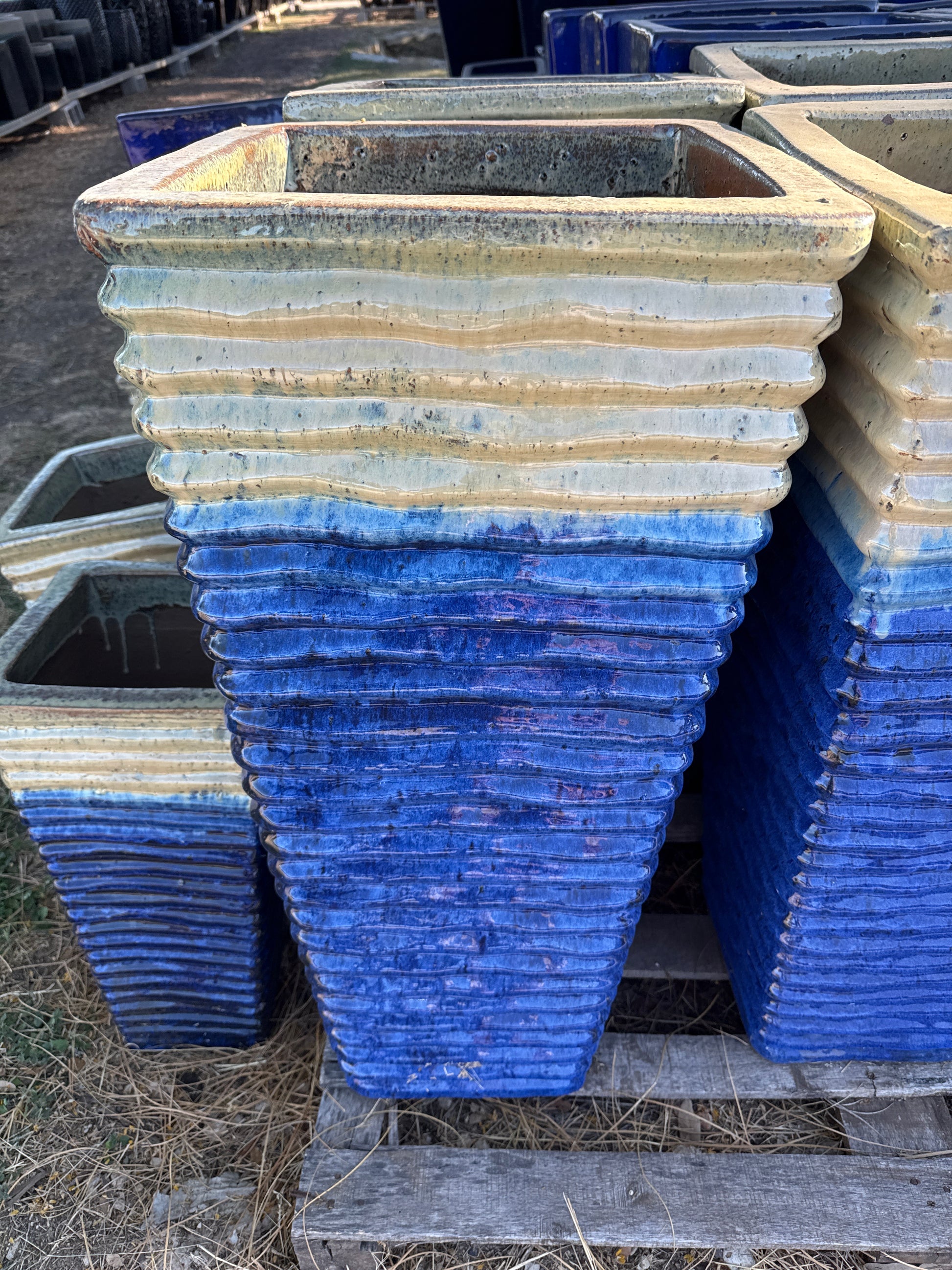 square blue glazed plant pots Tall Square Waves Planter