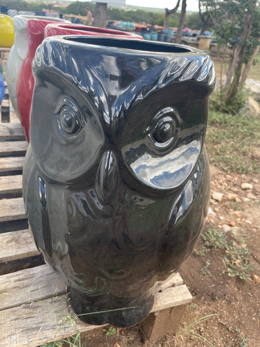 Glossy Black Wise Owl Planter 18"