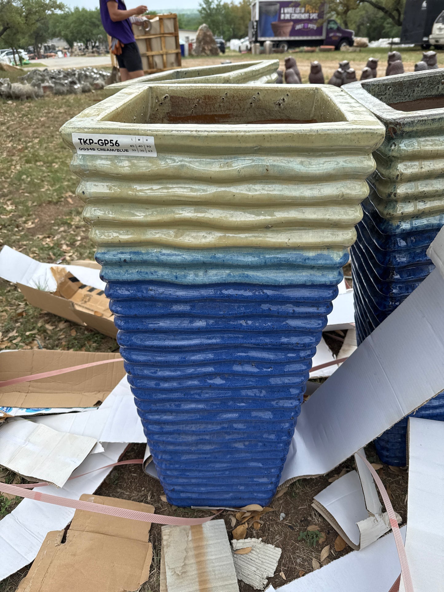 Cream on Blue Tall Square Waves Planter