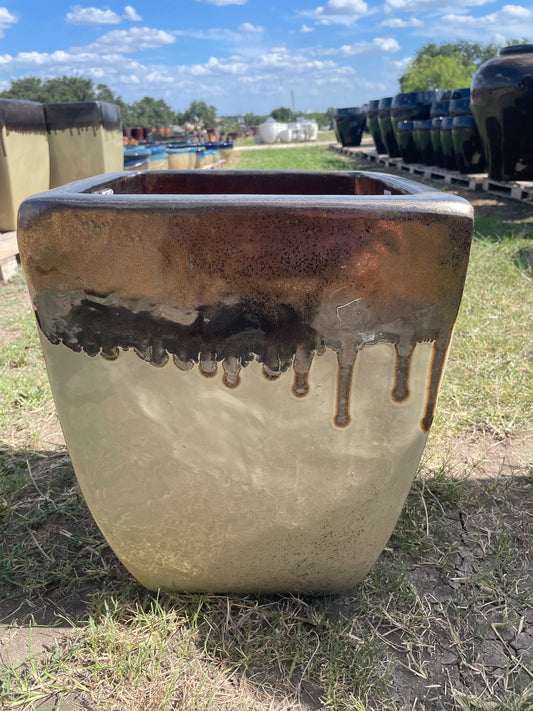 Light Gold on Yellow Cream Smooth Bowed Square Planter 19"