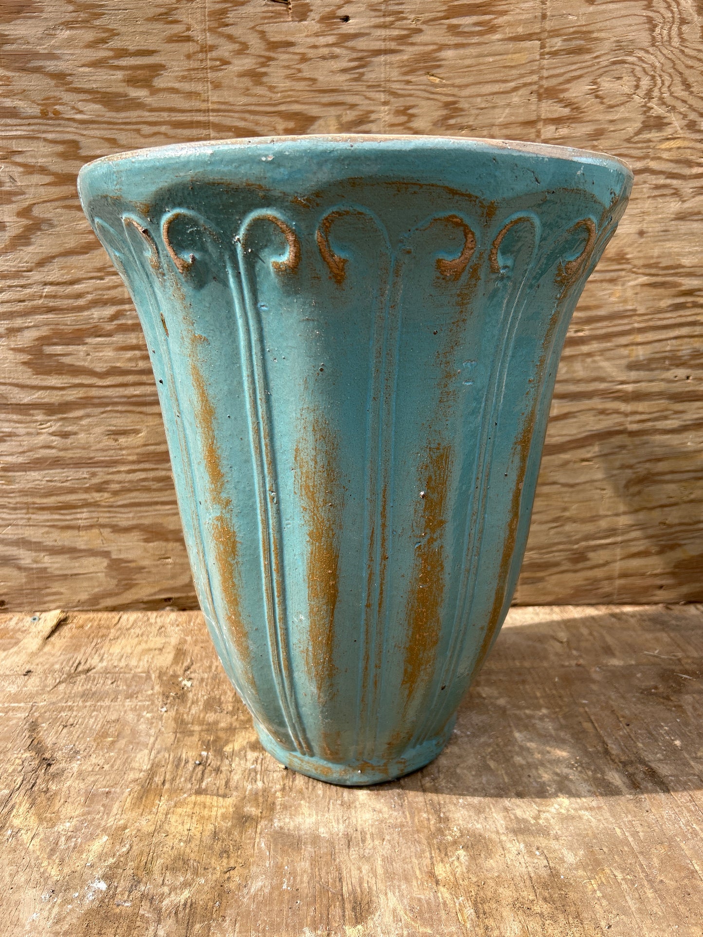 Rustic Light Blue Rococo Tall Trumpet Planter 18"