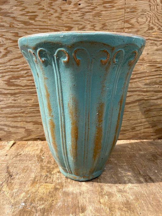 Rustic Light Blue Rococo Tall Trumpet Planter 18"