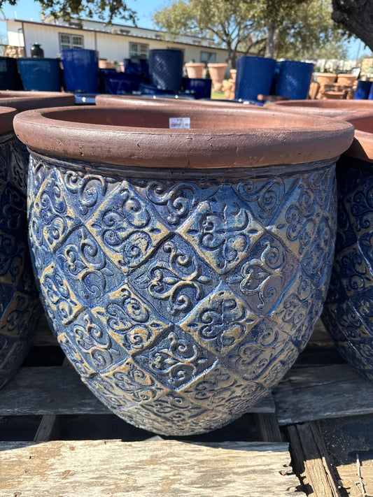 Rustic Dark Blue Round Lipped Planter 24"