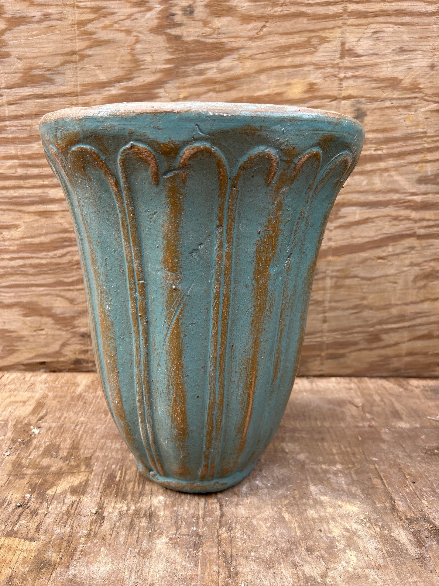 Rustic Light Blue Rococo Tall Trumpet Planter 13"