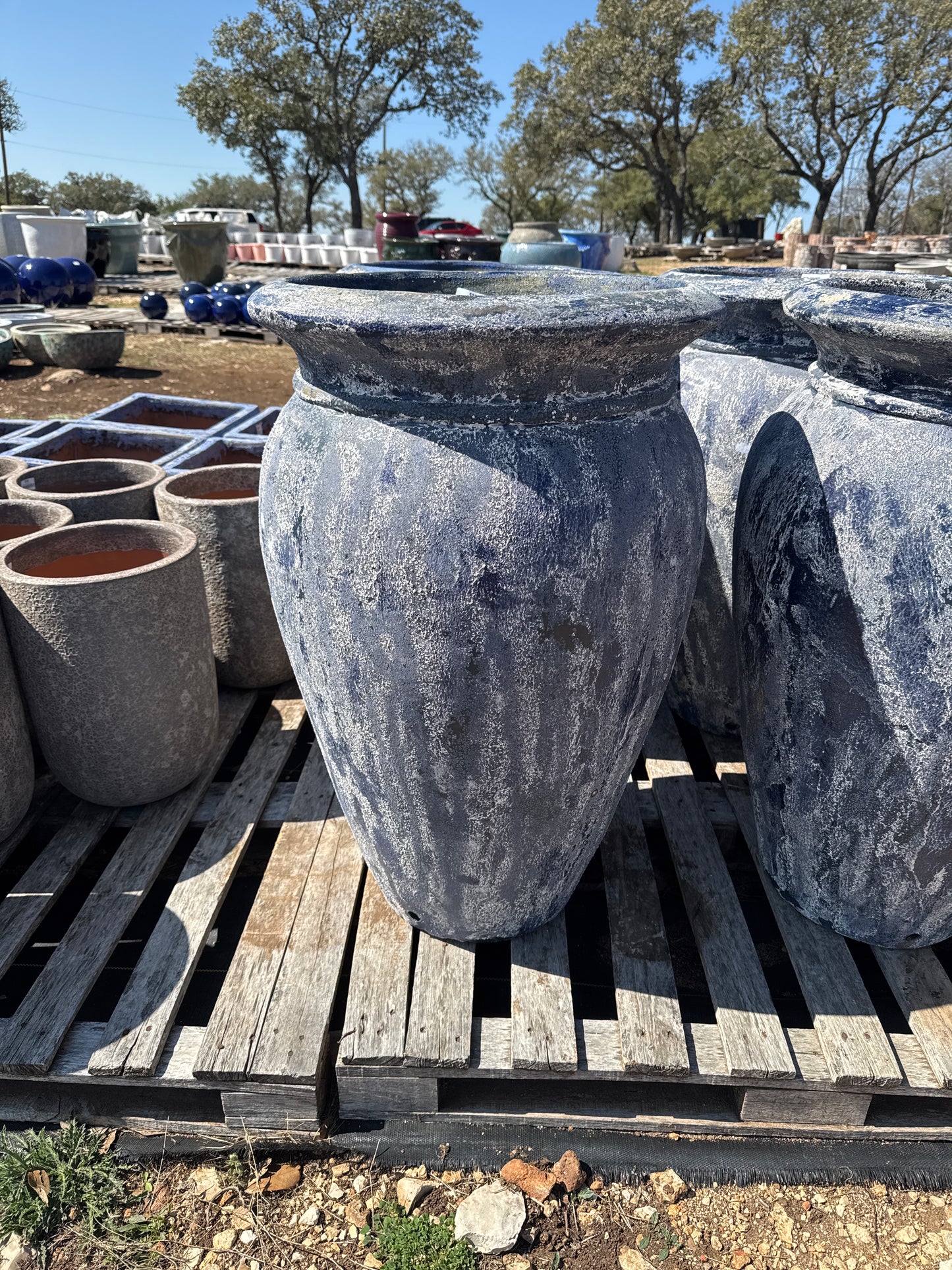 Washed White Blue Tapered Spittoon Planter 33"