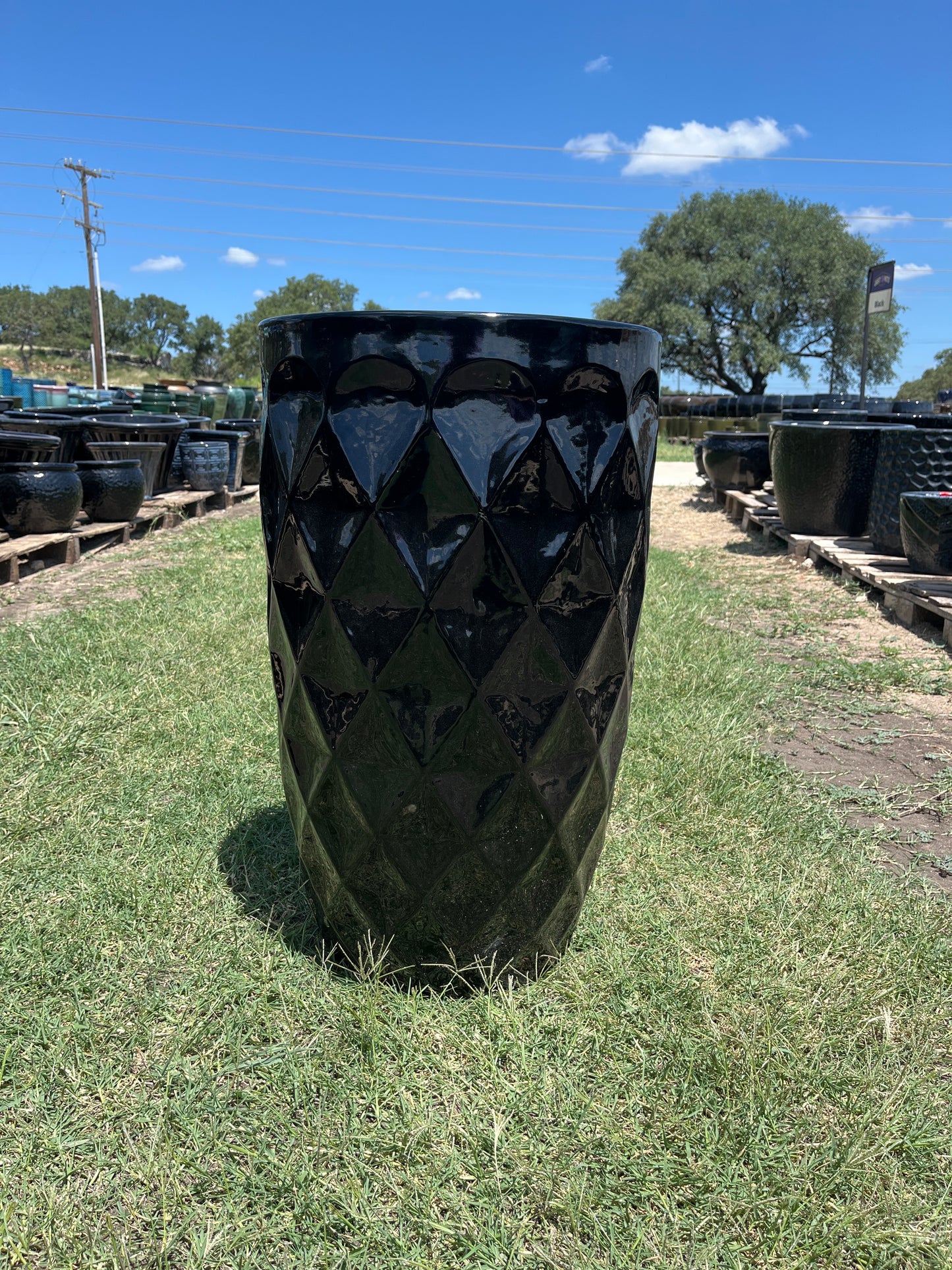 Glossy Black Tall Round Quilted Planter 36"