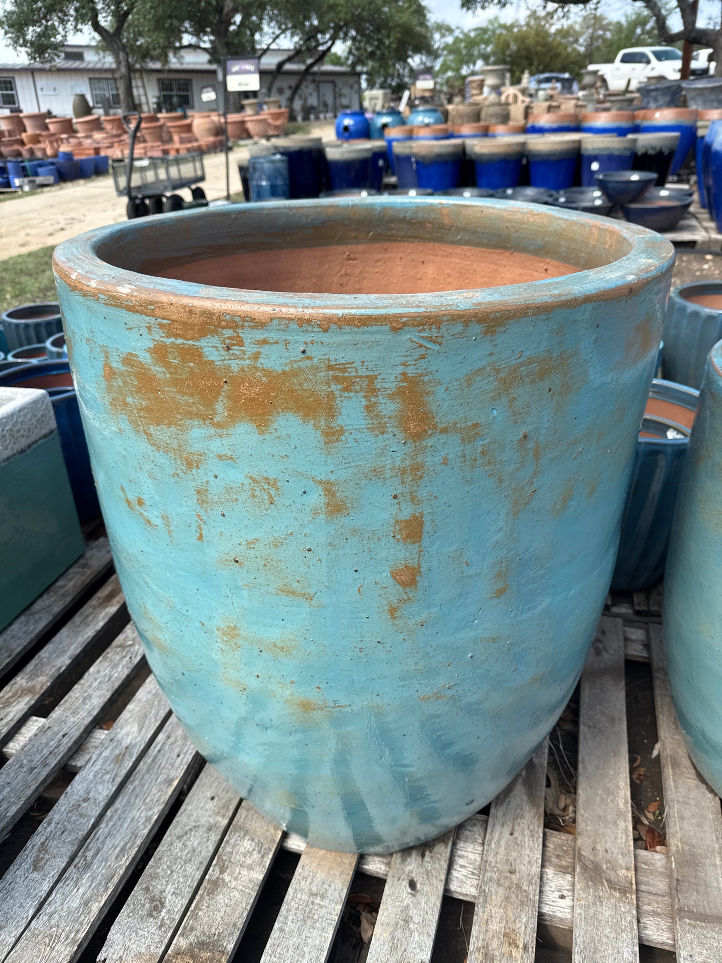 Rustic Light Blue Round Lipless Planter
