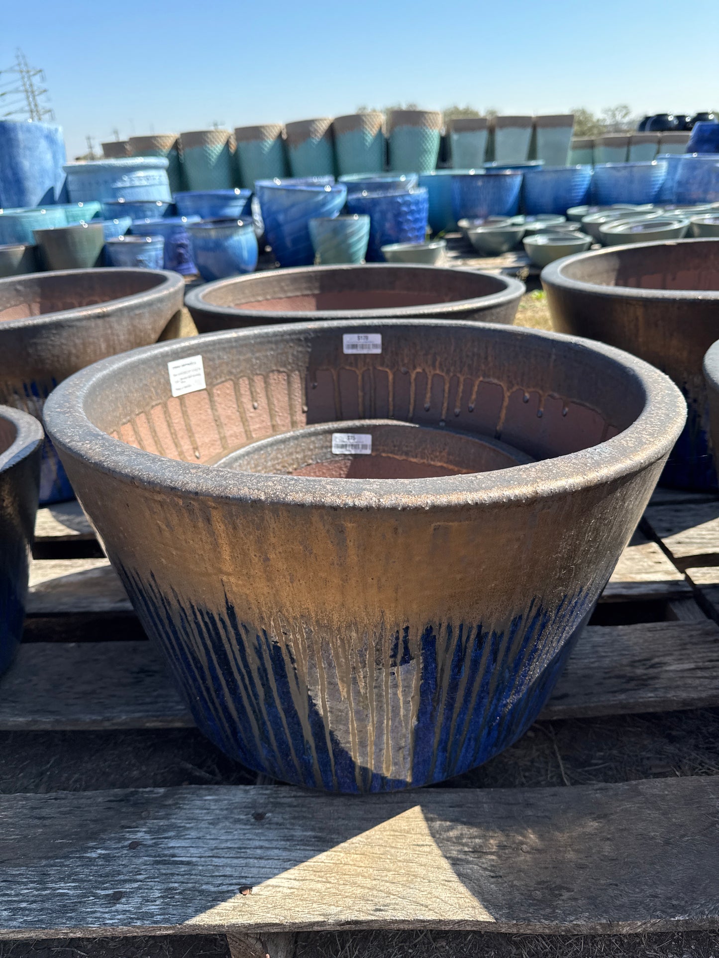 Bronze over Running Blue Low Basket Planter