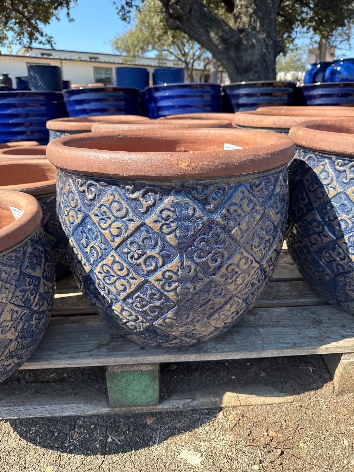 Rustic Dark Blue Round Lipped Planter 14"