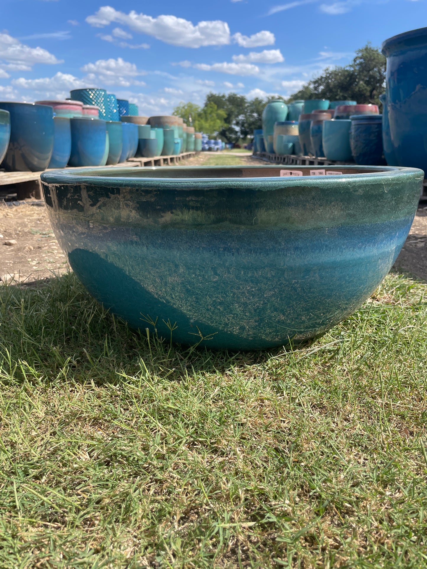 Falling Green on Blue Green Low Bowl 13"