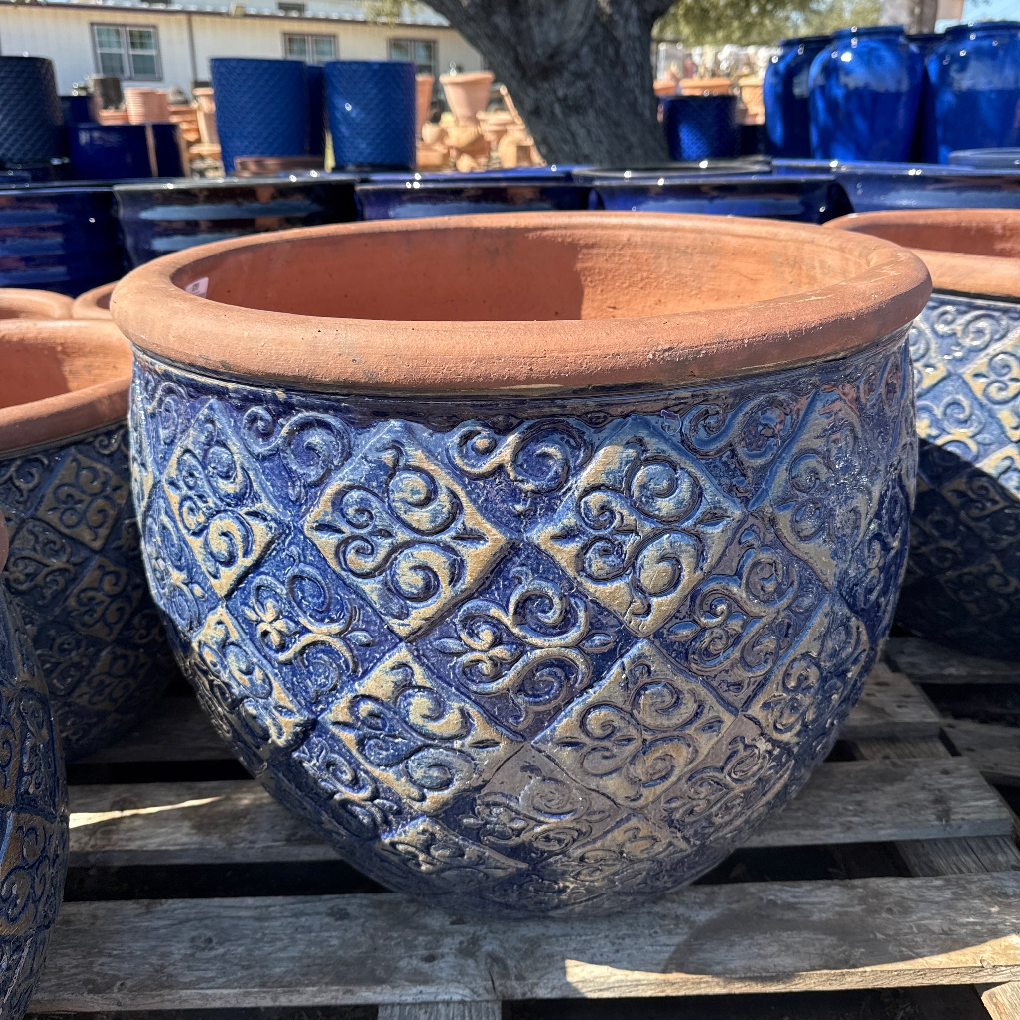 Rustic Dark Blue Round Lipped Planter