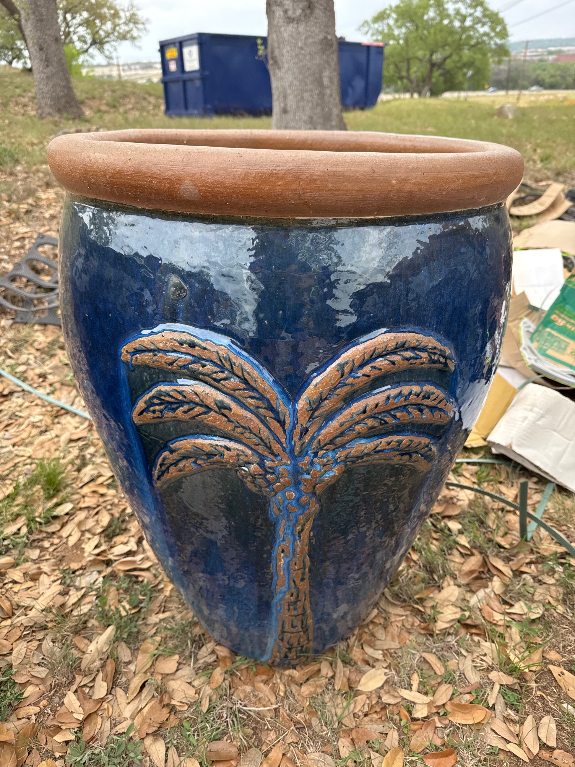 palm tree plant pot Blue Round Palm Tree Planter