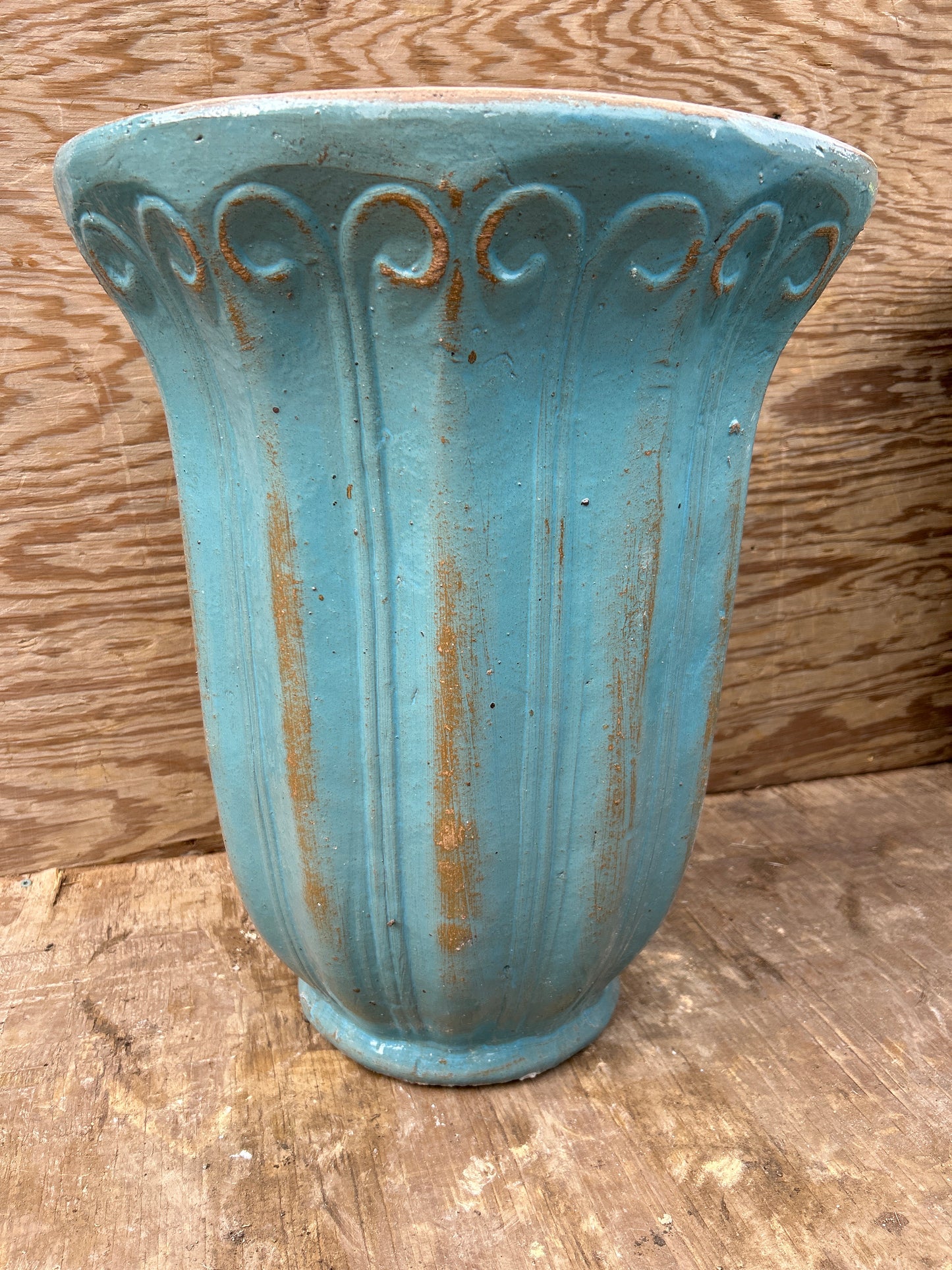 Rustic Light Blue Rococo Tall Trumpet Planter 23"