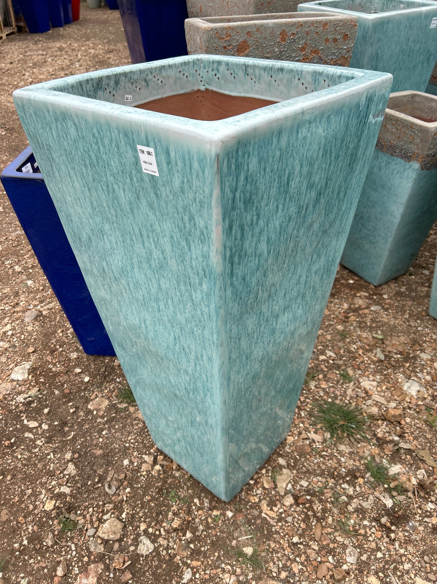 Milky Blue Tapered Square Smooth Planter 35"