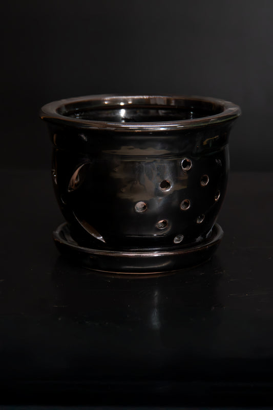 Shiny Black Round Orchid Pot 6"