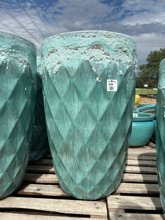 Sandy Milky Blue Tall Round Quilted Planter 27"