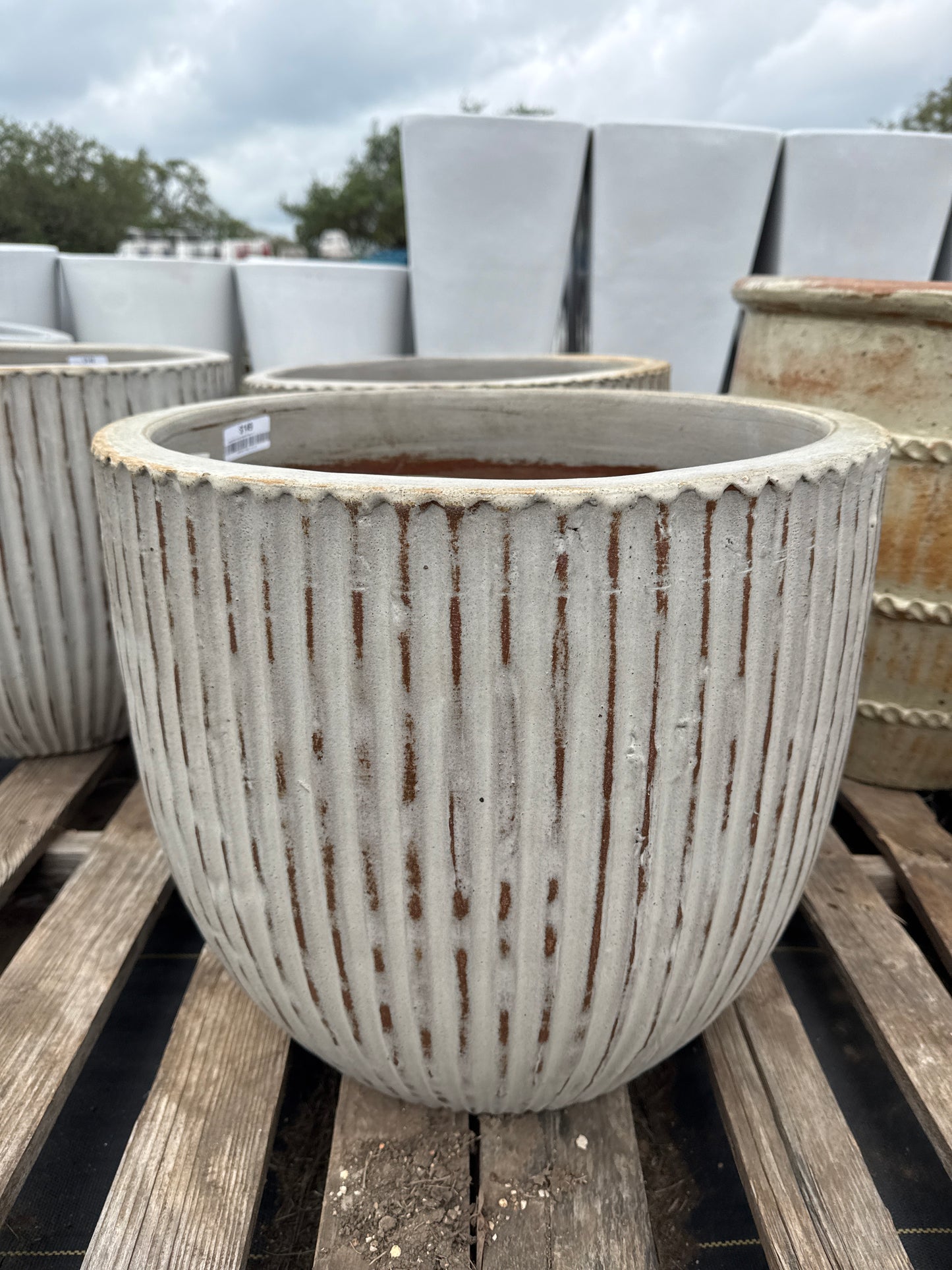 Rustic White Round Striated Planter