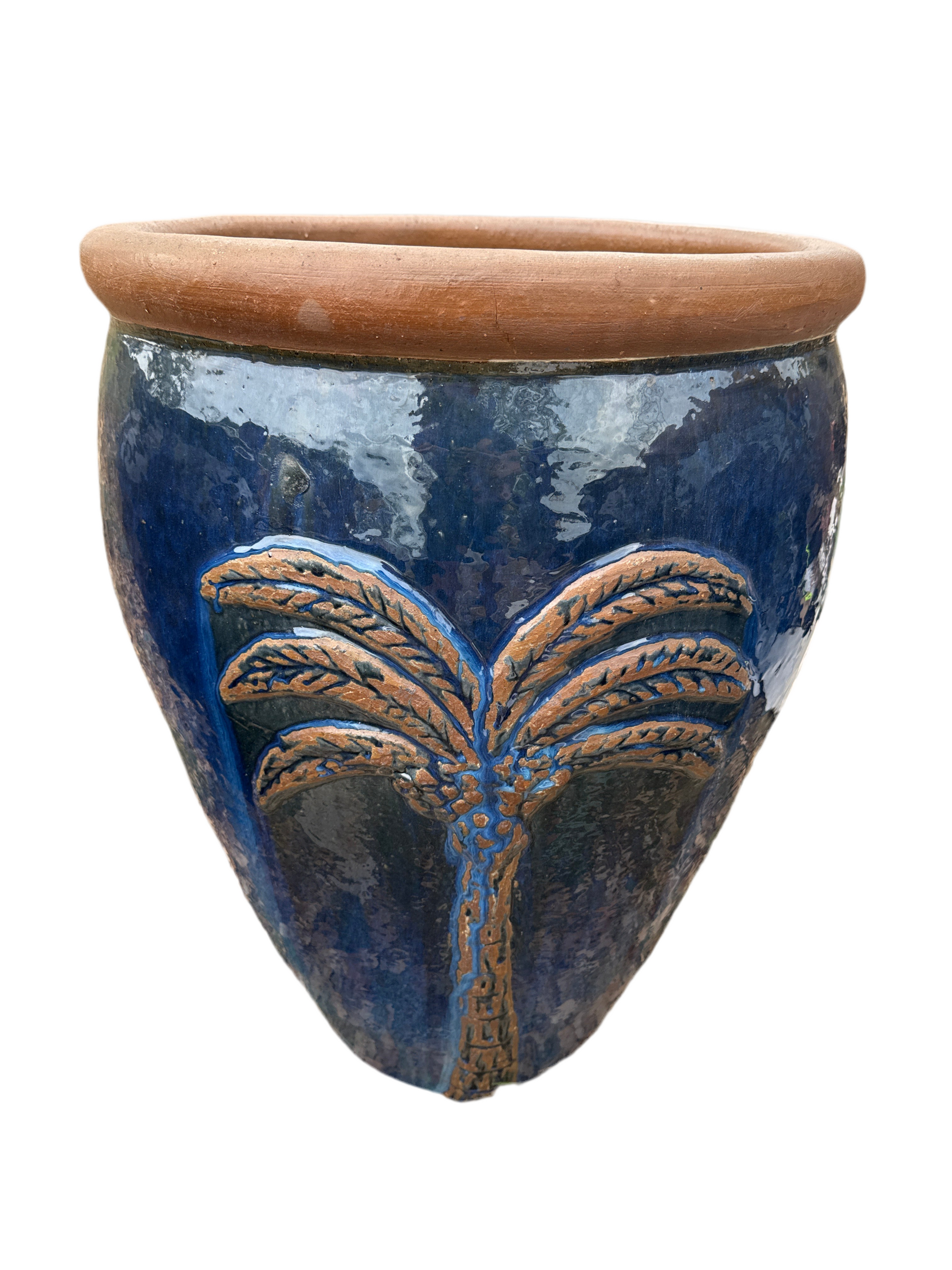 palm tree plant pot outdoor Blue Round Palm Tree Planter