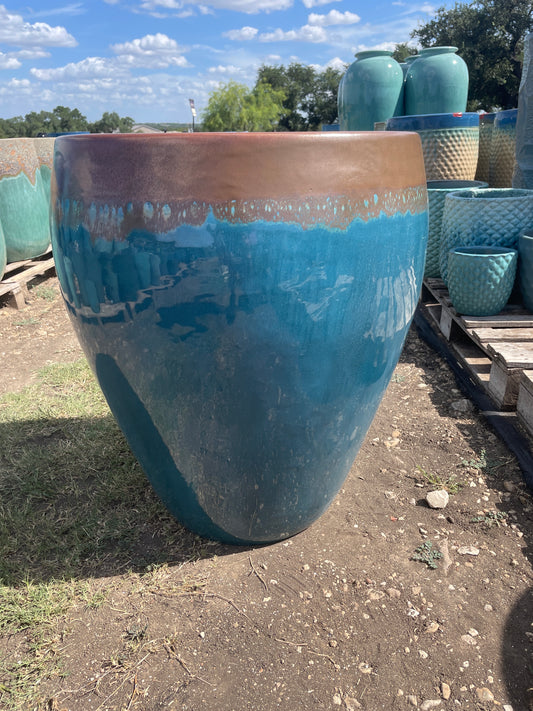 Ancient Red on Blue Green Bowed Smooth Planter 17"