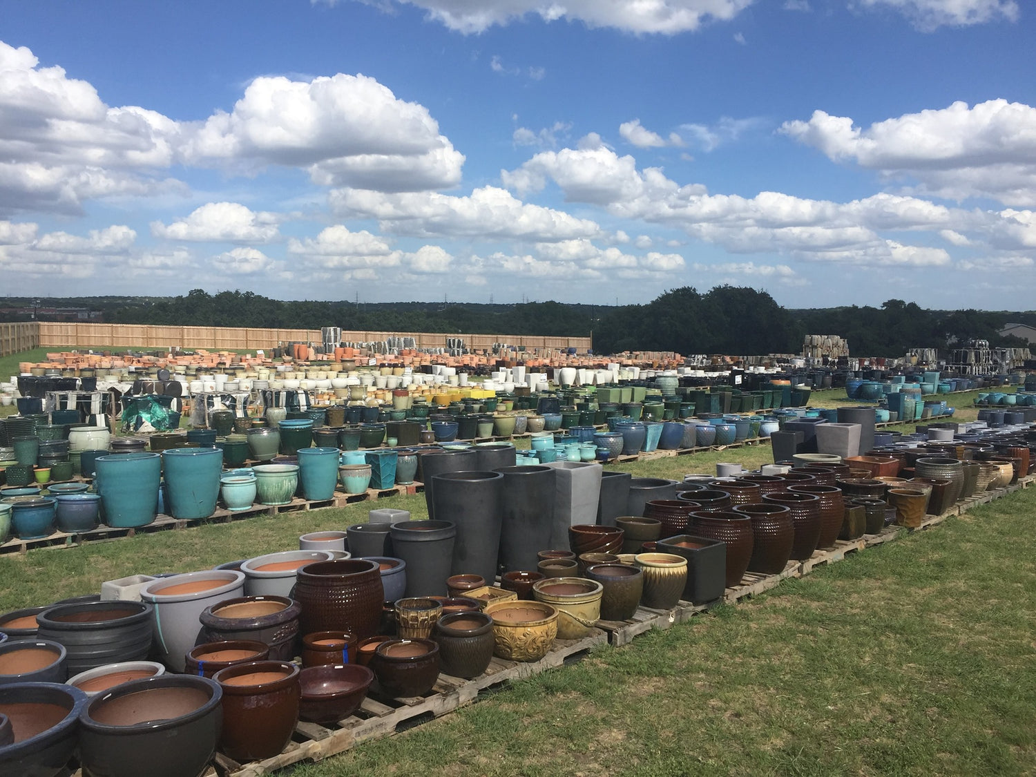 Image of a cast array of pottery planters aligned by color.